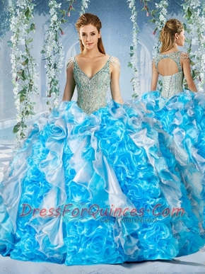 Exclusive Blue and White Quinceanera Dress in Beaded Decorated Cap Sleeves