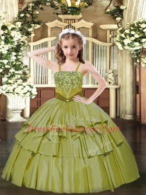 Olive Green Sleeveless Organza Lace Up Child Pageant Dress for Party and Quinceanera