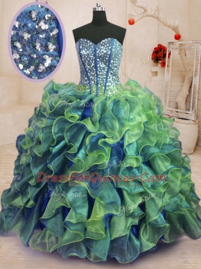 Discount Sleeveless Organza Floor Length Lace Up Sweet 16 Dress in Multi-color with Beading and Ruffles