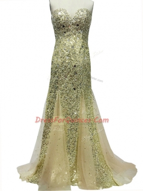 Olive Green Tulle Zipper Sweetheart Sleeveless Prom Gown Brush Train Sequins