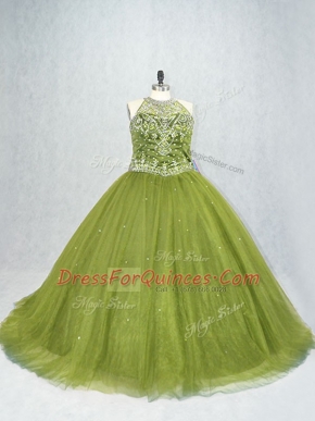 Ball Gowns Sleeveless Olive Green 15th Birthday Dress Brush Train Lace Up