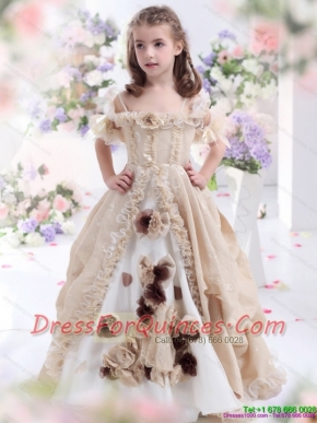Adorable Champagne Spaghetti Straps Little Girl Pageant Dresses with Hand Made Flowers and Ruffles