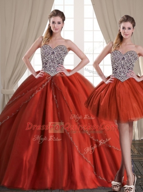 Three Piece Rust Red Lace Up Sweetheart Beading Sweet 16 Dress Tulle Sleeveless Brush Train