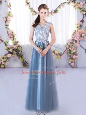 Chic V-neck Sleeveless Quinceanera Court Dresses Floor Length Lace Blue Tulle