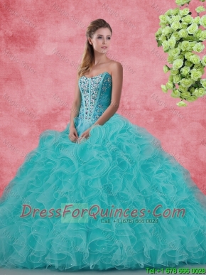 2016 Beautiful Strapless Beaded and Ruffles Quinceanera Dresses in Aqua Blue