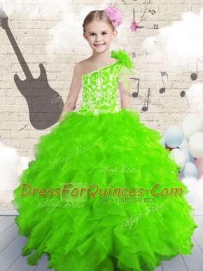 Beautiful One Shoulder Sleeveless Lace Up Floor Length Beading and Ruffles Child Pageant Dress