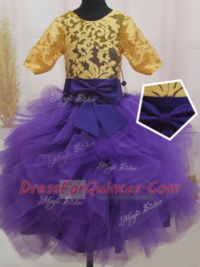 Eggplant Purple and Gold Flower Girl Dresses for Less Quinceanera and Wedding Party and For with Lace and Ruffles and Bowknot Scoop Short Sleeves Zipper