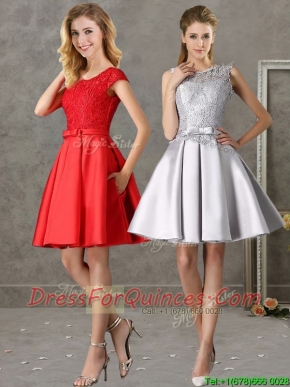 Popular Scoop Cap Sleeves Prom Dresses with Bowknot and Lace