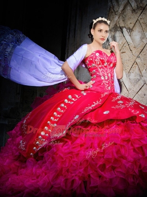 Sweetheart Sleeveless Sweet 16 Quinceanera Dress Brush Train Embroidery and Ruffles Hot Pink Organza