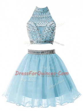 Popular Light Blue High-neck Zipper Beading Damas Dress Sleeveless
