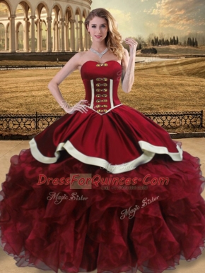 Sweet Sleeveless Organza Floor Length Lace Up 15th Birthday Dress in Wine Red with Beading and Ruffles