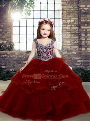 Sleeveless Floor Length Beading and Ruffles Lace Up Little Girls Pageant Dress with Red