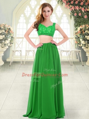 Sleeveless Floor Length Beading and Lace Zipper Homecoming Dress with Green