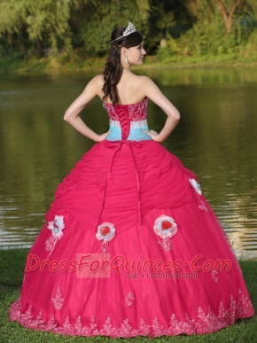 Tulle Strapless Coral Red Quinceanera Dress For Girl With Flower Beaded Decorate In New Styles