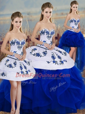 Royal Blue Sleeveless Embroidery and Ruffles and Bowknot Floor Length 15 Quinceanera Dress