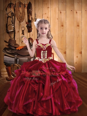 Charming Red Sleeveless Embroidery and Ruffles Floor Length Little Girl Pageant Gowns