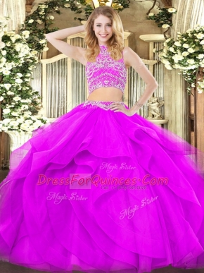 New Style Purple Two Pieces Tulle High-neck Sleeveless Beading and Ruffles Floor Length Backless Sweet 16 Dress