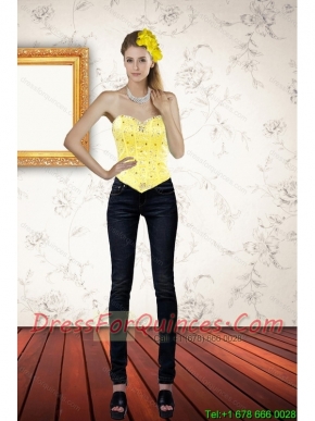 Cute Sweetheart Beaded and Ruffled Yellow Corset for 2015