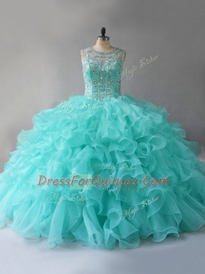 Glittering Scoop Sleeveless Lace Up Sweet 16 Dress Aqua Blue Organza