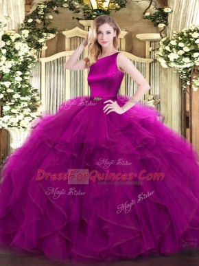 Sleeveless Organza Floor Length Clasp Handle Ball Gown Prom Dress in Fuchsia with Ruffles