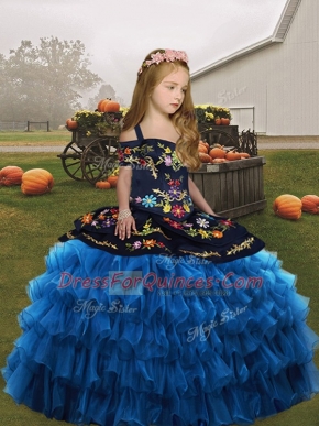 Stylish Blue Straps Neckline Embroidery and Ruffled Layers Kids Formal Wear Sleeveless Lace Up