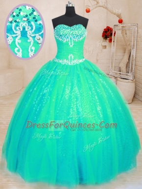 High End Sleeveless Tulle and Sequined Floor Length Lace Up Sweet 16 Dress in Turquoise with Beading and Appliques