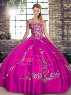 Fuchsia Sleeveless Tulle Lace Up Sweet 16 Dress for Military Ball and Sweet 16 and Quinceanera