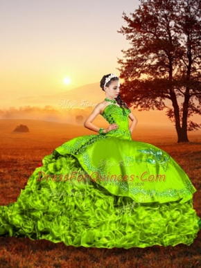 Custom Designed Sleeveless Embroidery and Ruffles Lace Up Quinceanera Gowns