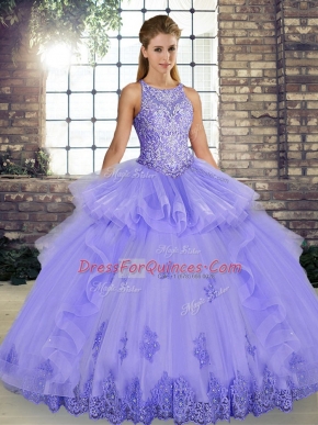 Lavender Scoop Neckline Lace and Embroidery and Ruffles Ball Gown Prom Dress Sleeveless Lace Up