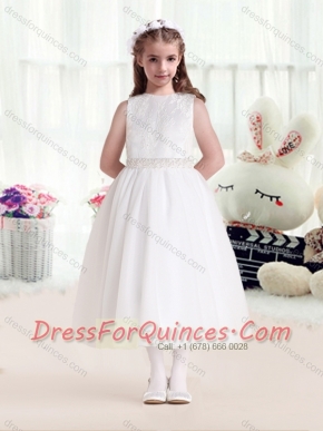 2016 New Arrivals Bateau Beading White Flower Little Girl Dress