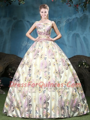Straps Sleeveless Tulle Floor Length Lace Up Quinceanera Gowns in Multi-color with Appliques and Pattern