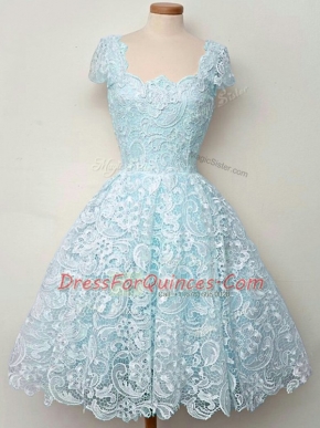 A-line Quinceanera Dama Dress Aqua Blue Straps Lace Cap Sleeves Knee Length Lace Up