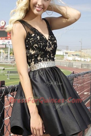 Custom Made Black A-line Satin V-neck Sleeveless Beading and Appliques Mini Length Zipper Homecoming Dress