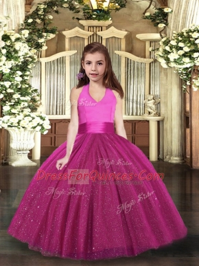 Elegant Floor Length Fuchsia Little Girl Pageant Gowns Halter Top Sleeveless Lace Up