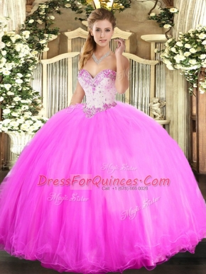 Sweetheart Sleeveless Lace Up Vestidos de Quinceanera Rose Pink Tulle