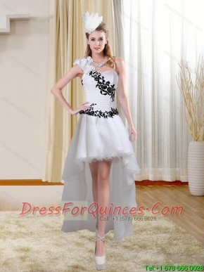 White High Low One Shoulder Prom Dresses with Black Embroidery