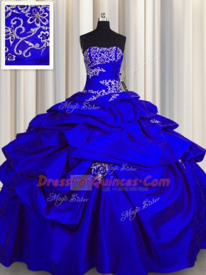 Decent Royal Blue Lace Up Strapless Appliques and Pick Ups Quinceanera Dress Taffeta Sleeveless