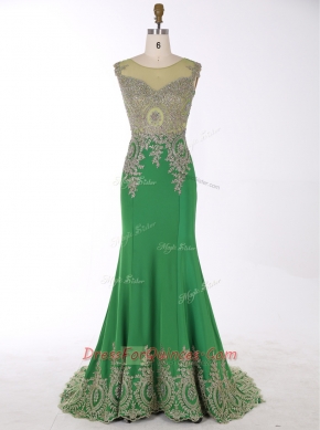 Flirting Scoop Green Mermaid Beading and Appliques Prom Evening Gown Zipper Chiffon Sleeveless
