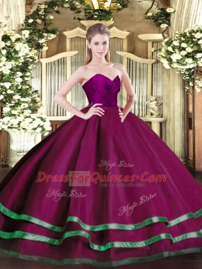 High End Fuchsia Tulle Zipper Quinceanera Gown Sleeveless Floor Length Ruffled Layers