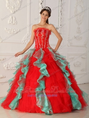 Red and Green Ball Gown Strapless Floor-length Appliques and Beading Quinceanera Dress