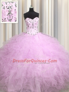 Graceful Visible Boning Lilac Lace Up 15th Birthday Dress Beading and Appliques and Ruffles Sleeveless Floor Length
