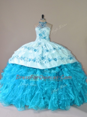 Aqua Blue Halter Top Lace Up Embroidery and Ruffles Quinceanera Dresses Court Train Sleeveless