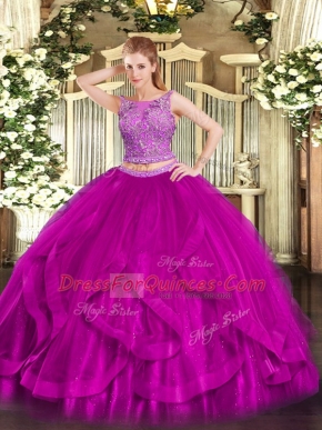 Scoop Sleeveless Quinceanera Gowns Floor Length Beading and Ruffles Fuchsia Organza