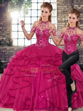 Custom Fit Fuchsia Tulle Lace Up Halter Top Sleeveless Floor Length 15 Quinceanera Dress Beading and Ruffles
