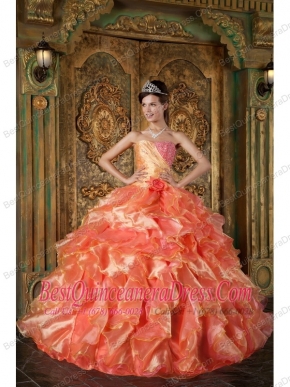 Orange Ball Gown Strapless Floor-length Beading and Ruffles Quinceanera Dress