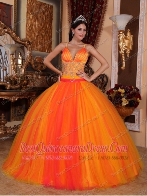 Orange Red Ball Gown V-neck Floor-length Taffeta and Tulle Beading Quinceanera Dress
