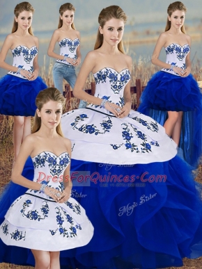 Tulle Sweetheart Sleeveless Lace Up Embroidery and Ruffles and Bowknot Quinceanera Gowns in Royal Blue
