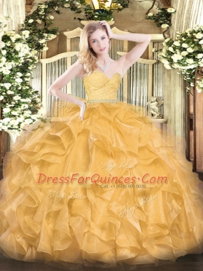 Gold Ball Gowns Beading and Lace and Ruffles 15th Birthday Dress Zipper Organza Sleeveless Floor Length