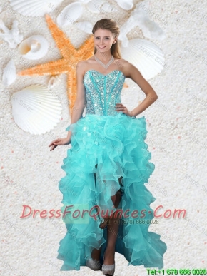 Popular Beaded Sweetheart Aqua Blue Prom Dresses with High Low