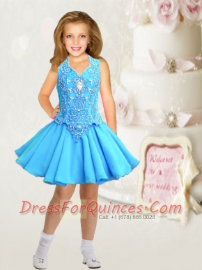 Formal V-neck A-Line Aqua Blue Little Girl Dress with Beading